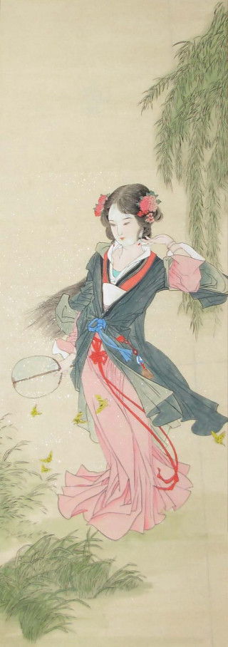Woman kimono fan man suit - ukiyoe free wallpaper