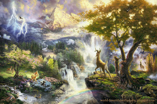 Waterfall deer birds rainbow sky - kinkade free wallpaper