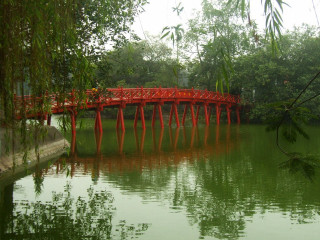 Red bridge water trees bench - a red bench free wallpaper