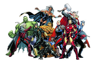 Superheroes standing together arms out - their face free wallpaper