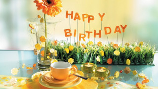 Yellow tablecloth yellow flowerpot yellow - a cup free wallpaper