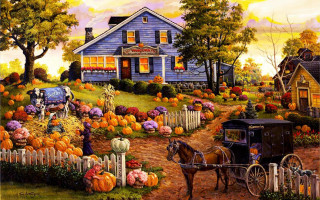 House pumpkins carriage pumpkin patch - a painting of a house free wallpaper