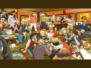 Gathered people table eating food - ukiyoe free wallpaper