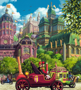 Cartoon man driving car castle 2 - a clock tower free wallpaper