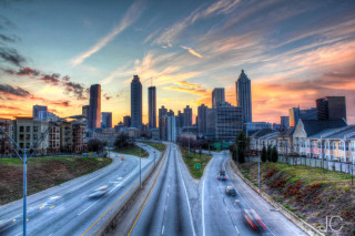 City skyline sunset highway cars - a few building free wallpaper
