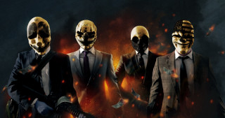 Three men suits masks guns - behind them free wallpaper