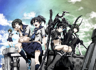 Anime girls building swords sky - their hand and a sky background free wallpaper