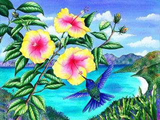Bird flying flower lake mountains - naive free wallpaper