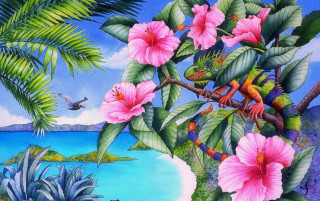 Tropical scene flowers birds water - tropical free wallpaper