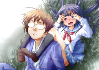 Romantic anime couple blush blue - their head free wallpaper