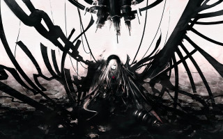 Woman blackdress longhair bird cyberpunk - line free wallpaper