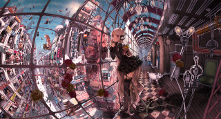 Woman mirror checkered floor room - giantess art free wallpaper