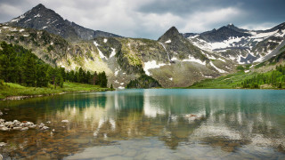 Mountain lake trees rocks cloudy 3 - cloudy free wallpaper