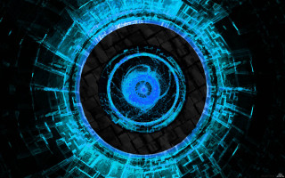 Blue circular hologram cityscape gear - cybernetic free wallpaper
