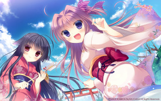 Kimono girls anime sky clouds - two woman free wallpaper
