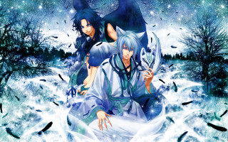 Anime characters snow trees birds - the snow free wallpaper for desktop