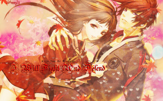 Anime couple hugging leaves words - a poster free wallpaper for desktop
