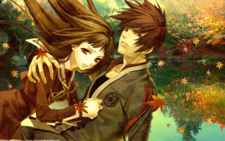 Anime couple pond trees leaves - a screenshot free wallpaper for desktop