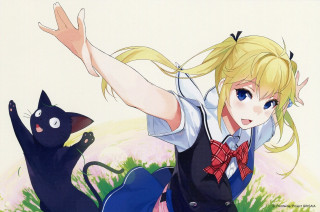 Blonde girl cat field grass - her arm free wallpaper