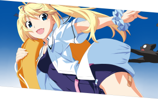 Blonde girl blue shirt holding - a yellow scarf free wallpaper