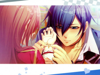 Anime couple kissing blue white - background behind them free wallpaper