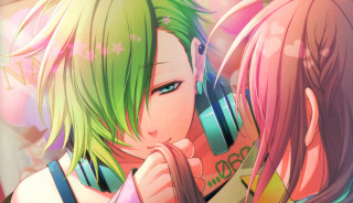 Anime girls headphones pink background - their ear free wallpaper