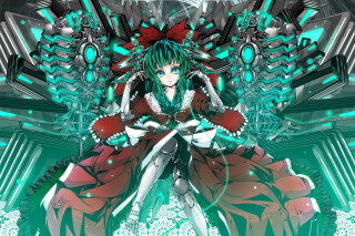 Anime green hair red dress - cybernetic free wallpaper