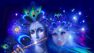 Two women peacock feathers flute - ella guru free wallpaper