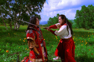 Man red outfit sword woman - a sword next free wallpaper