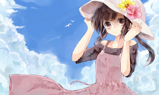 Girl pink dress hat flower - her head and a bird free wallpaper