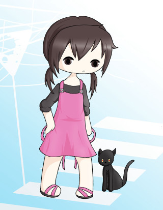 Girl pinkdress blackcat bluebackground anime - net art free wallpaper