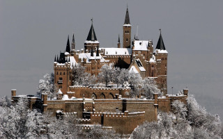 Castle snow roof towers trees - a gray sky in the background free wallpaper