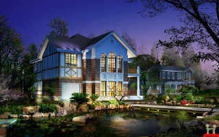 Large blue house pond night 2 - an zhengwen free wallpaper
