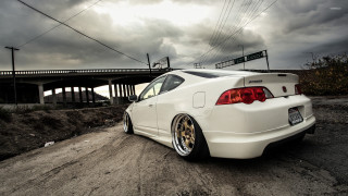White car dirt road bridge - a bridge in the background free wallpaper