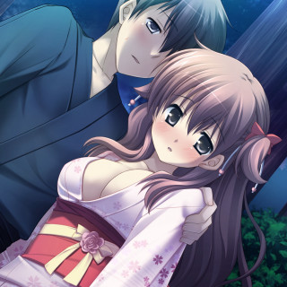 Anime couple hugging forest blue - a blue sky behind them free wallpaper