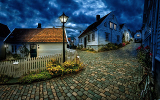 Cobblestone street white house lamp - evgeny lushpin free wallpaper