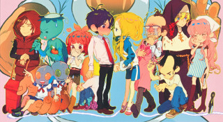 Anime characters group pink background - serial art free wallpaper