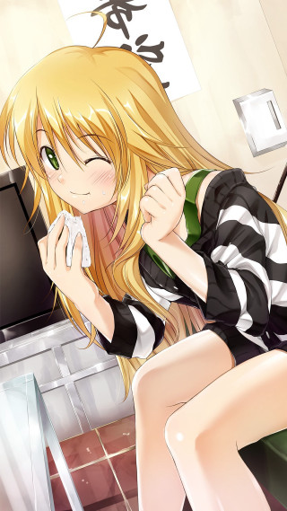 Girl sitting counter glass milk - her hand and a towel free wallpaper