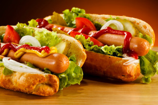 Two hot dogs ketchup mustard - hot free wallpaper