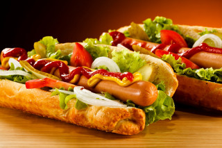 Two hot dogs with ketchup - hot free wallpaper