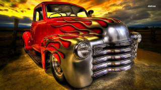 Red silver truck flames hood - airbrush free wallpaper