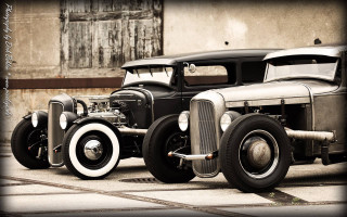 Vintage car parked road building - the side of the road in front free wallpaper