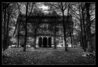 Building woods cemetery black white - grim free wallpaper