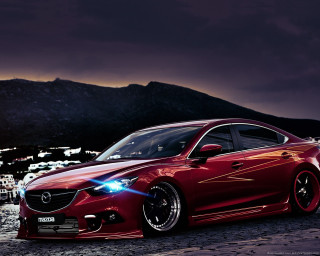 Red car beach mountain night - bright free wallpaper