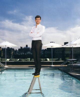 Man ladder pool water umbrellas - free vintage wallpaper