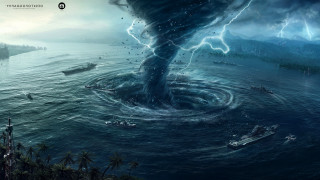 Tornado ocean boats water storm 2 - matte painting concept art free wallpaper