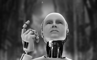 Robot holding object looking up - tiny free wallpaper