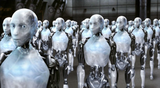 Humanoids standing line heads turned - a line free wallpaper