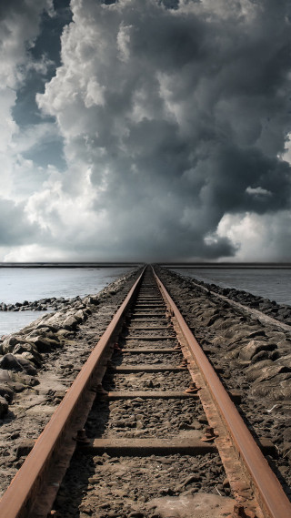 Train track cloudy sky water - a few rock free wallpaper