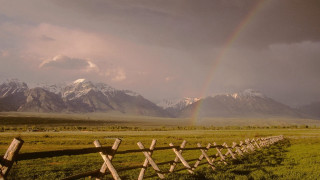 Rainbow fence field mountains background - ansel adams free wallpaper